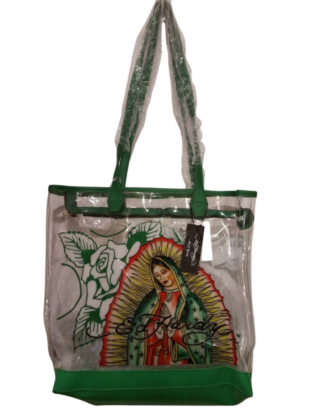 Ed Hardy Virgen de Guadalupe Clear PVC Tote Bag Green Red - NEW - Picture 3 of 3